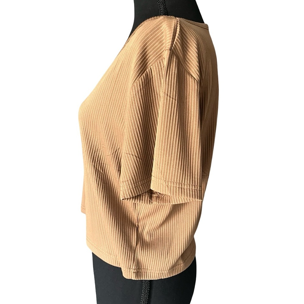 Amazon Ribbed V-Neck Crop Top in Tan - Picture 2 of 4